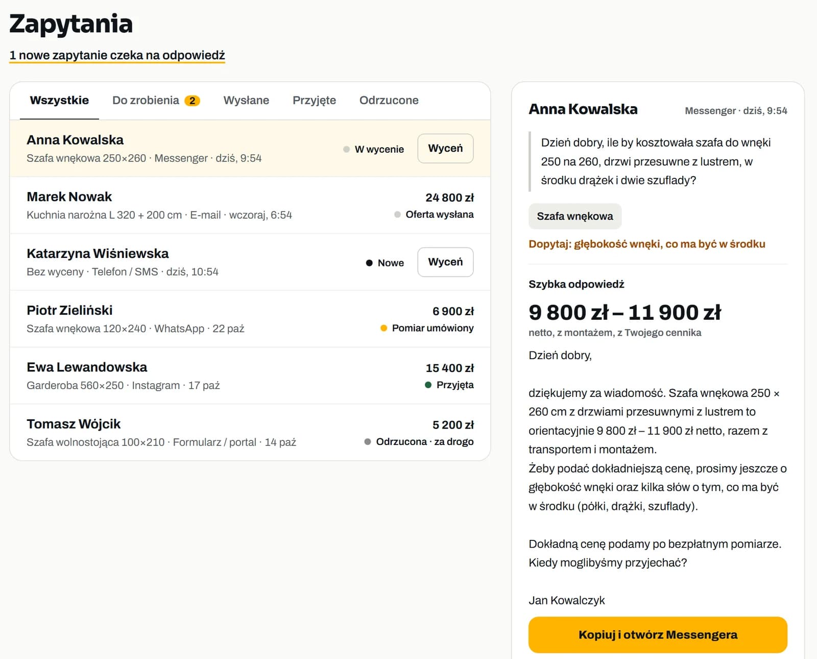 Ekran zapytań: lista klientów ze statusem i odpowiedź z ceną dla wybranego klienta