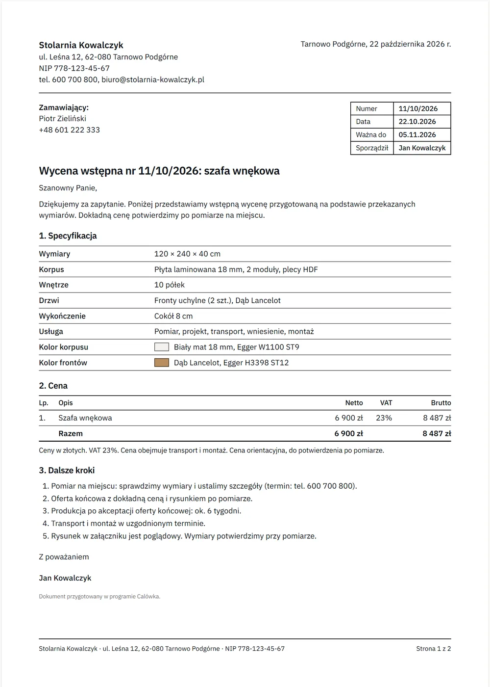 Oferta PDF: nagłówek stolarni, specyfikacja z kolorami, tabela z ceną