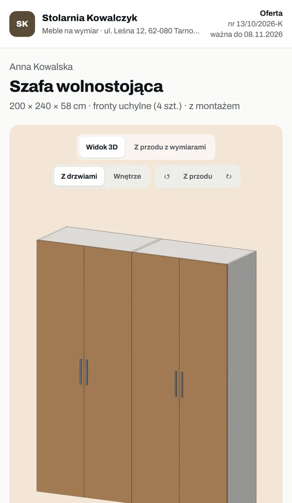 Oferta online na telefonie: szafa w 3D z frontami z dębu i lista materiałów
